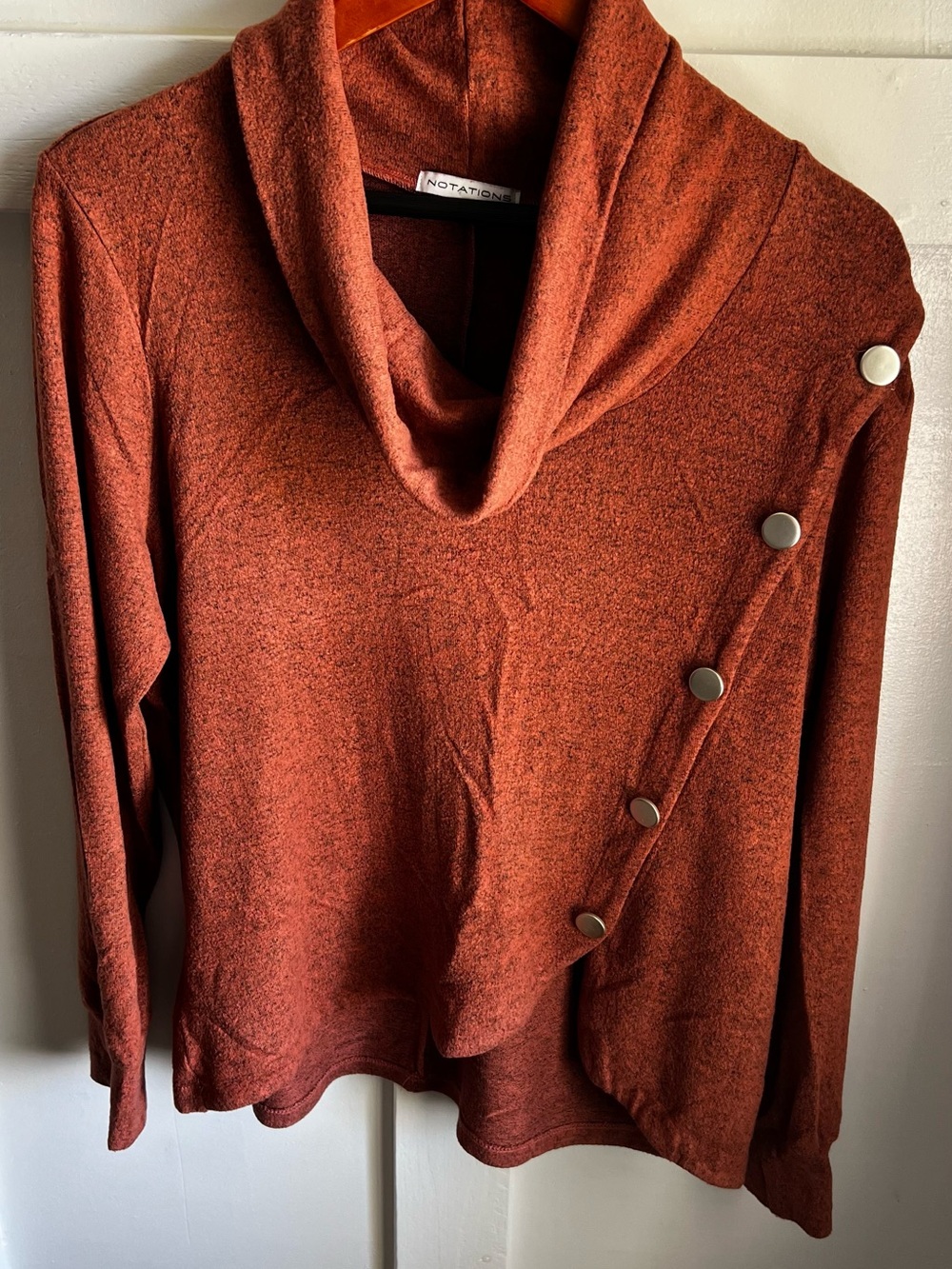 Notations Rust-Orange Cowl Neck Sweater with Diagonal Button Accents
